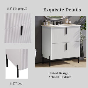 English Elm Christopher Knight Home® - 30" Elegant Bathroom Vanity With Ceramic Sink, Soft-Close Drawers & Fluted Design In Timeless White N817P295761W