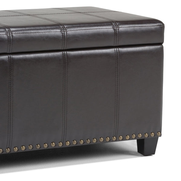 English Elm Amelia Storage Ottoman Bench with Hidden Compartment, Nailhead Trim, Stitched Faux Leather Seat Dark Brown B136P159106