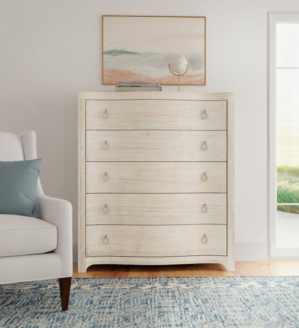 Hooker Furniture Serenity Monterey Five Drawer Chest — Surf Whitewashed Oak, Cedar-Lined Bottom, Felt Top Drawer, Champagne Pulls 6350-90010-80