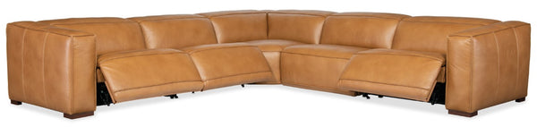 Hooker Furniture Fresco Modular 5-Seat Sectional In Warm Caramel Semi-Aniline Leather With Power Recline & Headrests 134.00 L x 134.00W x 30.50H SS404-5PC4-080