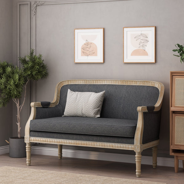 English Elm Loveseat French Country Style Turned Legs Padded Upholstery Compact Sitting Room Sofa 71063.00CHAR