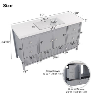 English Elm 60" Freestanding Bathroom Vanity Fluted Fronts Soft Close Drawers Drop-in Sink Blue Gray N817P404100B