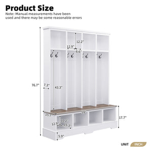 English Elm Farmhouse Hall Tree with Triple Arch Back Panel Eight Hooks Drawers and Entryway Bench White N721S000075K