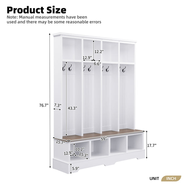 English Elm Farmhouse Hall Tree with Triple Arch Back Panel Eight Hooks Drawers and Entryway Bench White N721S000075K
