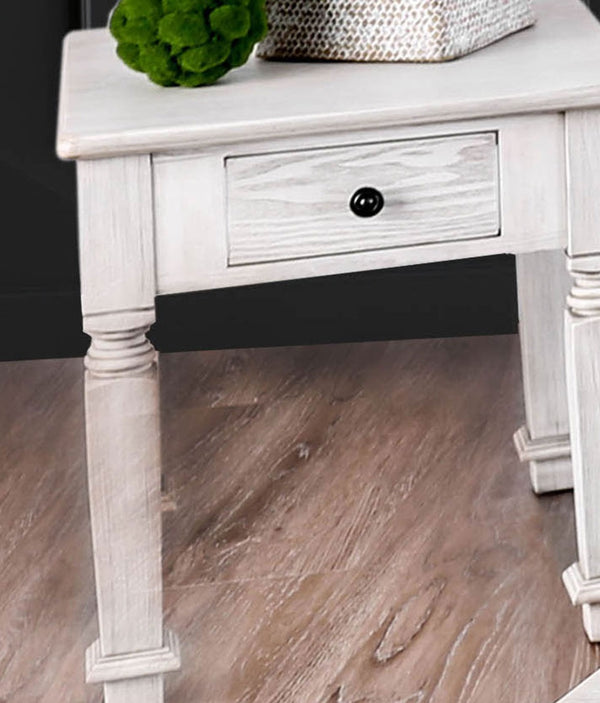 English Elm Transitional Bold Round End Table with I-Shaped Legs and Lower Shelf for Stylish Storage and Decor Antique White 29 L x 29 W x 9 H B2741P357493