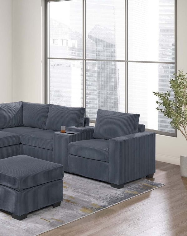 English Elm Modern Fur-Like Corduroy Sectional Sofa Set with USB Console, Ottoman & Plush Pillows for 5 Guests Dark Gray 12 L x 23 W x 33 H B011S01750