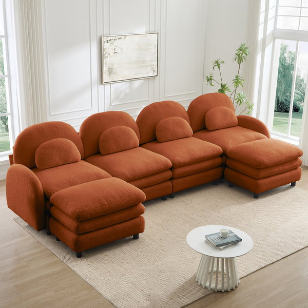 English Elm Teddy Fleece Curved Modular Sectional Sofa with Movable Ottomans for Cozy Living Rooms Orange W5656S00105