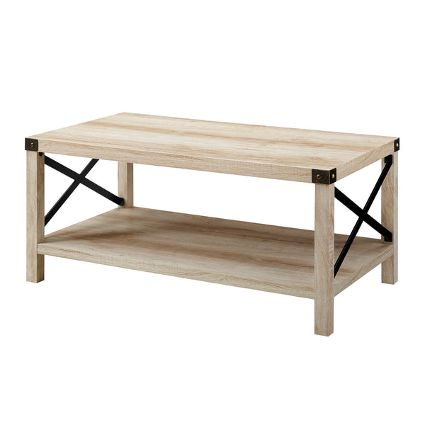 English Elm Walker Edison - Farmhouse Metal-X Coffee Table White Oak/Bronze — Rustic Industrial MDF, X-Metal Accents & Lower Shelf B185P326690