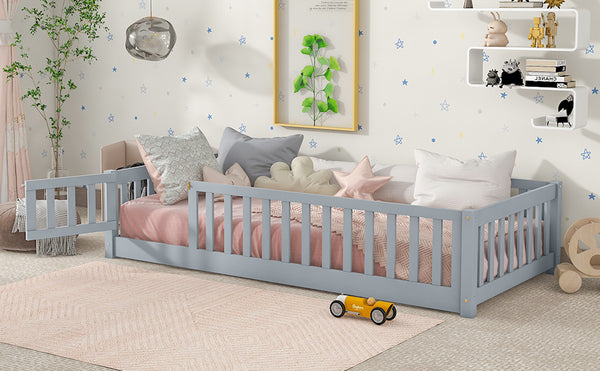 English Elm Twin Solid Rubberwood Floor Bed with Full Perimeter Safety Rails for Toddler Rooms Grey W504P296776