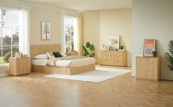 English Elm King Platform Storage Bed Walnut Hydraulic Lift Corrugated Wood Headboard Frame W1820S00029