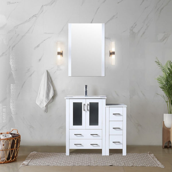 English Elm Volez White 36" Single Bath Vanity with Side Cabinet, Solid Wood, Soft-Close Drawers, Ceramic Top B2731P337011