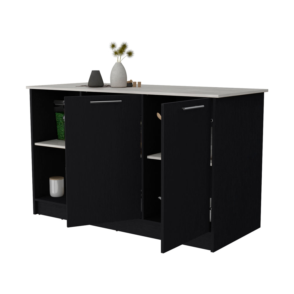 English Elm Mercury Kitchen Island with 59" Countertop, Dual Cabinets & Open Shelves — Modern Durable Finish B128S00037
