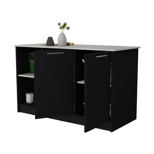 English Elm Mercury Kitchen Island with 59" Countertop, Dual Cabinets & Open Shelves — Modern Durable Finish B128S00037