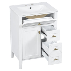 English Elm "24'' 24 Inch Glossy Freestanding Bathroom Vanity with Gold Hardware and Soft Close Storage White Rubberwood N725P448529K