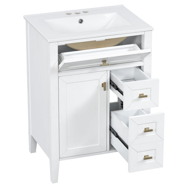 English Elm "24'' 24 Inch Glossy Freestanding Bathroom Vanity with Gold Hardware and Soft Close Storage White Rubberwood N725P448529K