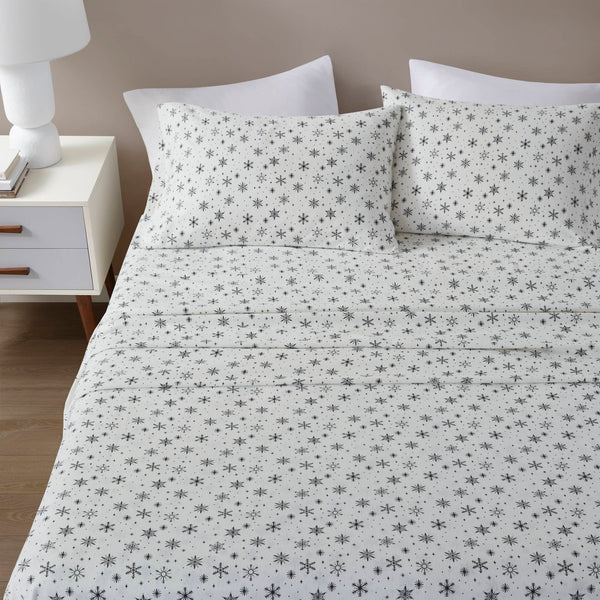 English Elm 4 Pcs Queen Sheet Set - Cozy Black Flannel With Snowflake Design For Warm Winter Nights Comfort B035P319675