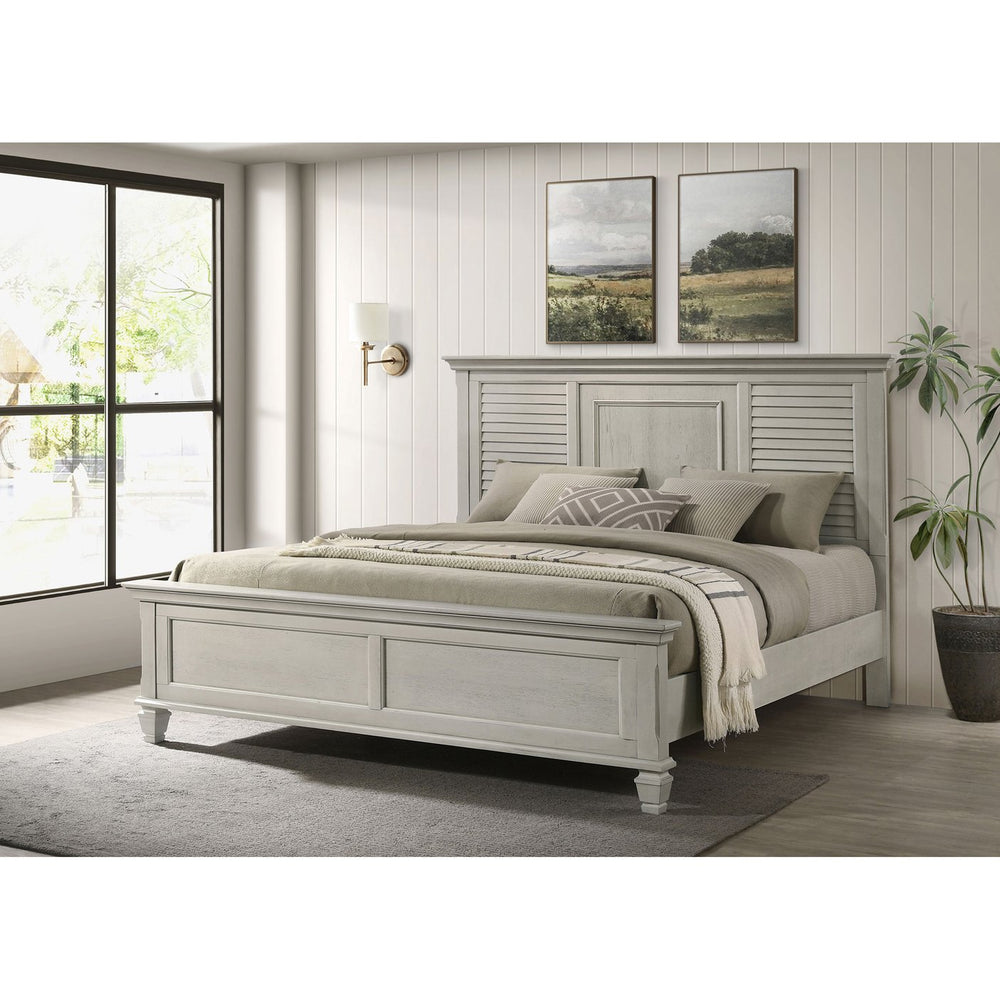 English Elm Hazelwood Distressed White Eastern King Panel Bed – Rustic Farmhouse Design With Louvered Headboard B062S00947