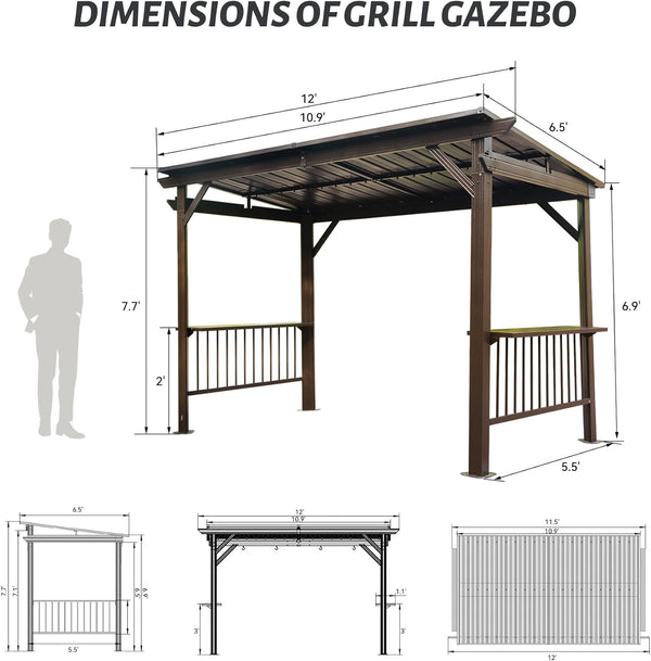 English Elm 6.5x12FT Hardtop Grill Gazebo – Sloped Galvanized Steel Roof, Sturdy Steel Frame, Dual Shelves & Hooks Brown W1859S00118