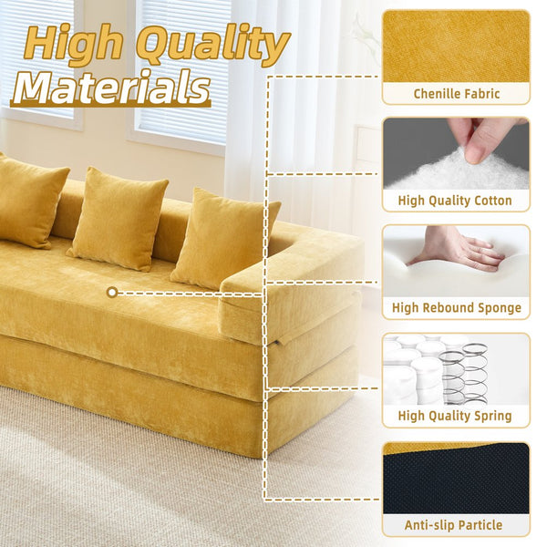 English Elm UNITED Folding Sofa Bed with Removable Cover Zipper, Chenille Memory Foam Sleeper for Small Spaces Yellow W1568P293806