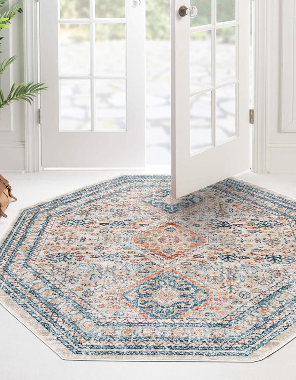 Unique Loom Newport Rosecliff Machine Made Border Rug Multi, Blue/Light Blue/Light Brown/Rust Red/Terracotta 7' 1" x 7' 1"