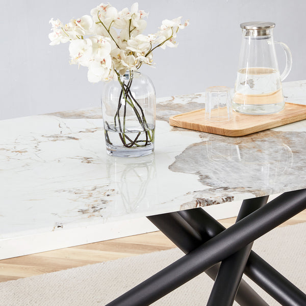 English Elm 63"x35.4" Luxurious Marble-Patterned Tempered Glass Dining Table with Gold Fork Legs, Scratch-Resistant Elegance Black W1151S03723