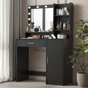 English Elm Vanity Desk With Mirror & 3 Adjustable Lighting Modes, Ample Storage & Elegant Black Finish For Bedrooms W2386P369684-GIGA