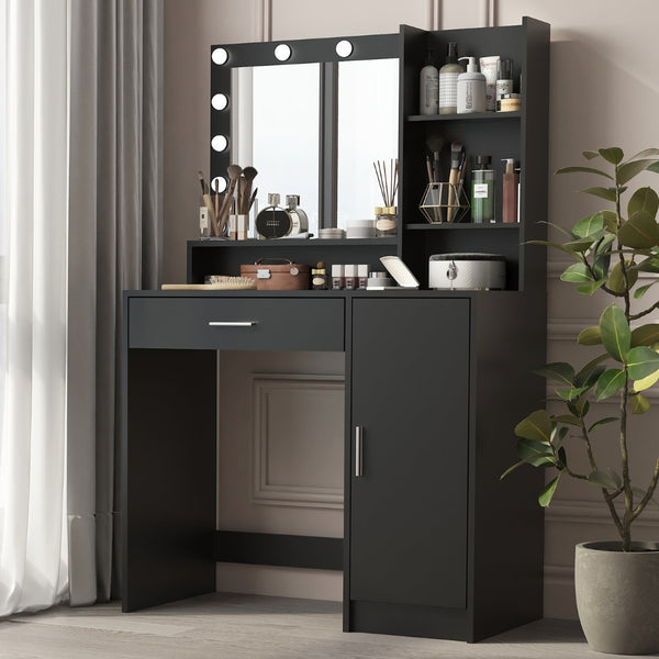 English Elm Vanity Desk With Mirror & 3 Adjustable Lighting Modes, Ample Storage & Elegant Black Finish For Bedrooms W2386P369684-GIGA