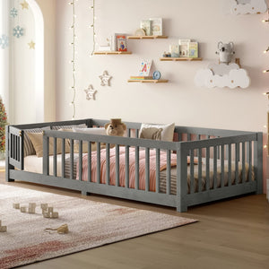 English Elm Twin Floor Bed Solid Pine Frame with Guardrails and Door for Safe Kid Sleep W1580P433575