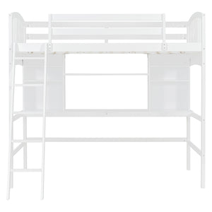 English Elm Twin Loft Bed with Built-in Desk Corner Shelves and Ladder Solid Pine White Frame LT100140KAA