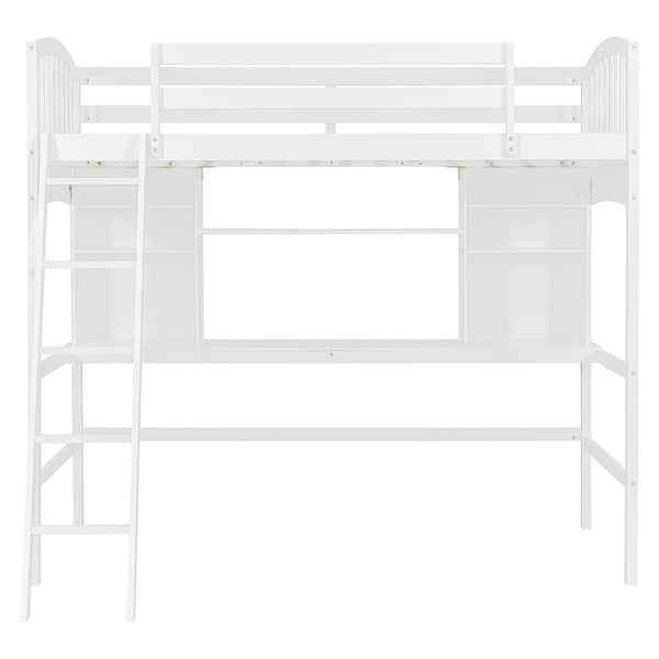 English Elm Twin Loft Bed with Built-in Desk Corner Shelves and Ladder Solid Pine White Frame LT100140KAA