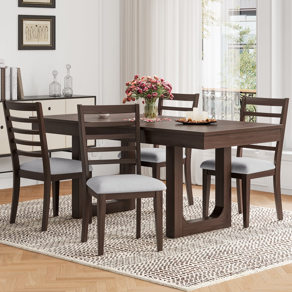 English Elm Farmhouse Ladder Back Dining Chairs Rubberwood Frame Upholstered Seat Set of 2 Brown+Beige N752P272063D