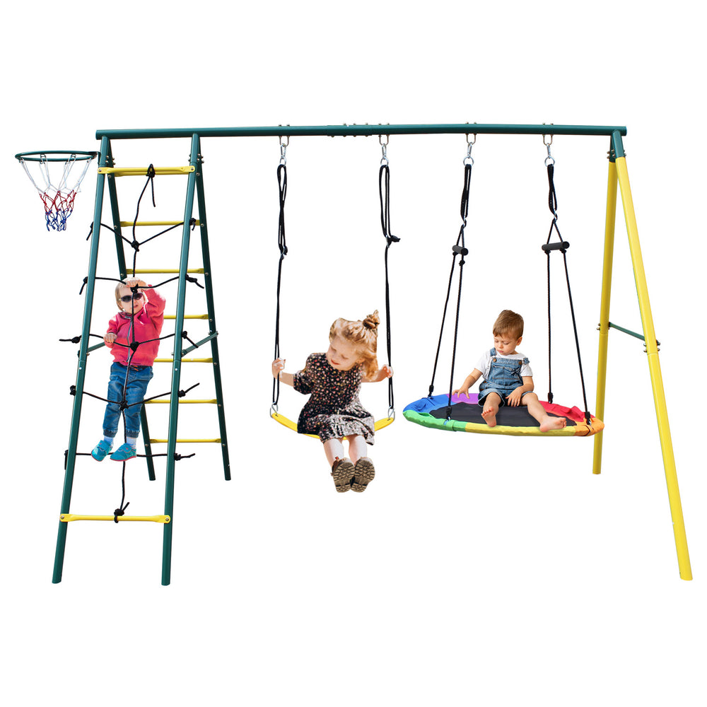 English Elm 4 in 1 Kids Outdoor Swing Set Steel A-frame with Climbing Net and Basketball Hoop W1408P169751