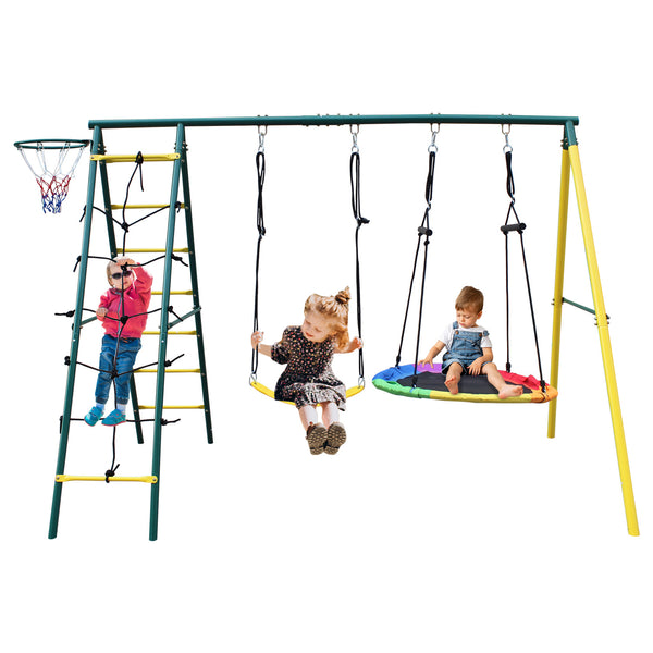 English Elm 4 in 1 Kids Outdoor Swing Set Steel A-frame with Climbing Net and Basketball Hoop W1408P169751