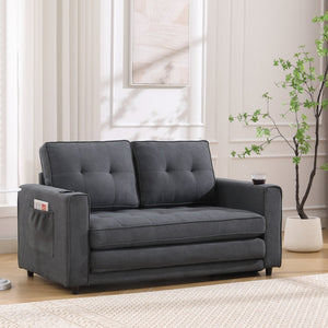 English Elm {VIDEO 3-in-1 Upholstered Futon Sofa Bed Convertible Loveseat with Tufted Back, Cup Holders & Side Pockets Dark Gray W2325P183181