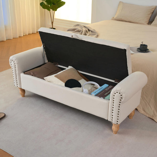 English Elm Storage Ottoman Bench Upholstered in Beige Fabric with Rolled Arms and Rubberwood Legs W3523P450228