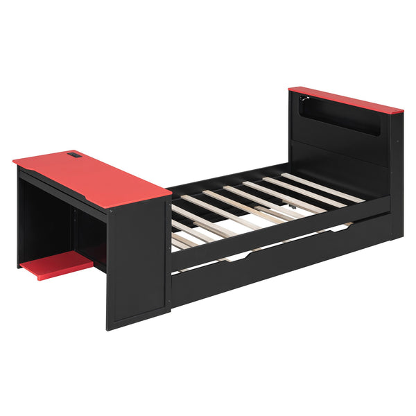 English Elm Twin Wood Gaming Daybed with Trundle Built-in Desk Rgb Lighting and Usb Port Black+Red LT000283AAR