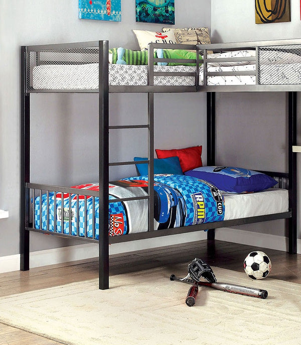 English Elm Modern Triple Twin L-Shaped Bunk Bed with Workstation, Silver Grey & Black Metal Frame, Safe Rails B2741P351949