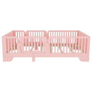 English Elm Twin Montessori Floor Bed with Safety Rails Hinged Door and Plywood Slats for Kids Pink W2593P381410