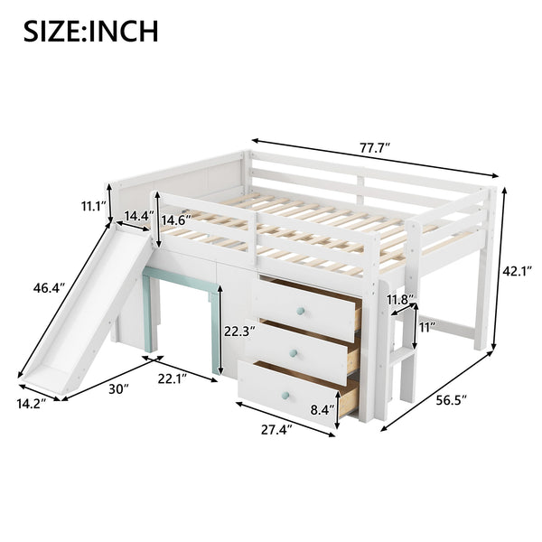 English Elm Full Size Low Loft Bed With Fun Slide, Ample Storage Drawers, And Sturdy Pine Construction - White N7090005003K