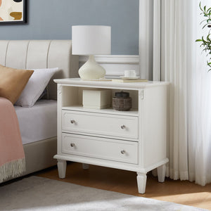English Elm Open Dresser Nightstand with Charging Station and Open Shelf, 2 Drawers, Solid Wood Legs, Farmhouse Appeal White W1693P216932