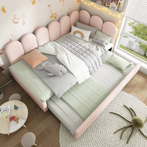 English Elm Upholstered Twin Daybed with Pull-Out Trundle, Velvet Upholstery, Metal Slatted Frame, 300lb Capacity Pink AA20362122P