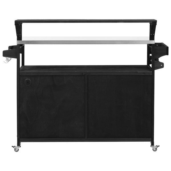 English Elm K&K 53.3" Outdoor Kitchen Island with 1.2" Stainless Top, Spacious Storage, Raised Shelf, Wheels Black N707P250628B