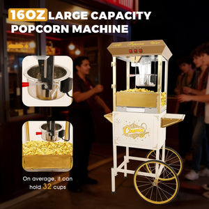 English Elm 16oz Commercial Popcorn Machine with Steel Cart Tempered Glass and 3 Switch Panel Golden White W2841P337589