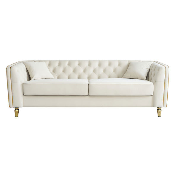 English Elm 87.01"W Modern Tufted Velvet Sofa with Gold Metal Legs, Stylish Accent Seating for Living Room Beige W579S00039