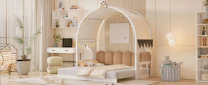 English Elm Twin Pinewood Ground-Level Canopy Bed with Arched Roof and Trundle for Kids—Whimsical, Sturdy Design White N820P181648K