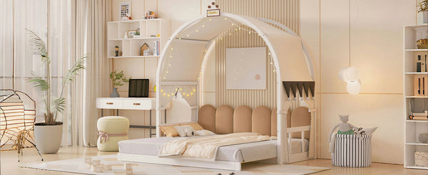 English Elm Twin Pinewood Ground-Level Canopy Bed with Arched Roof and Trundle for Kids—Whimsical, Sturdy Design White N820P181648K