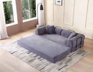 English Elm Convertible Sleeper Sofa Bed Corduroy Folding Mattress Couch with Cylindrical Pillow, Versatile Comfort and Support Gray W3199P277911