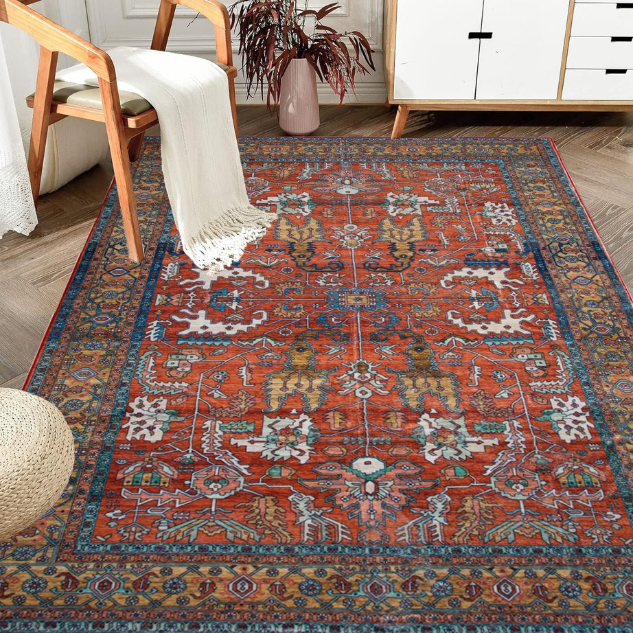 English Elm Area Rug 5X7 Vintage Bohemia Abstract Red Non-Slip Washable Rug For Living Room, Kitchen & Bedroom W2907P265025