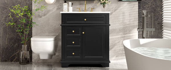 English Elm 30" Freestanding Bathroom Vanity Acacia Wood Matte Black Finish Gold Knobs Ceramic Sink N759P227429B