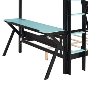 English Elm Full Size Gaming Bunk Bed with Dual Desks Usb Charging Ports and Pegboard Storage Blue LT000274AAC